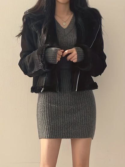 Women's Ribbed V-Neck Dress, Knitted - view 6