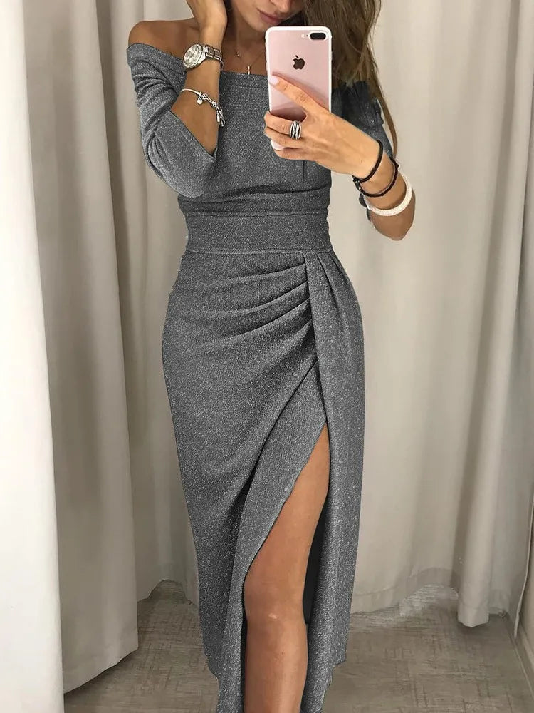 Serayna | Shimmer Maxi Dress with Thigh Slit and Pleated Bodice - Image 4