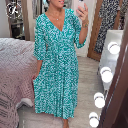 Morvaine | Boho print V-neck wrap maxi dress
