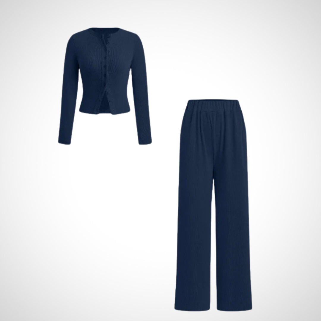 Lazelle | Long-Sleeve Top and Trouser Two-Piece Set — Navy colourway