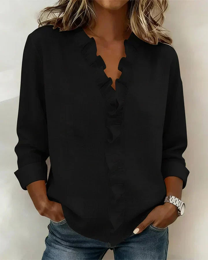 Gioia | V-neck blouse with ruffle detail - Black