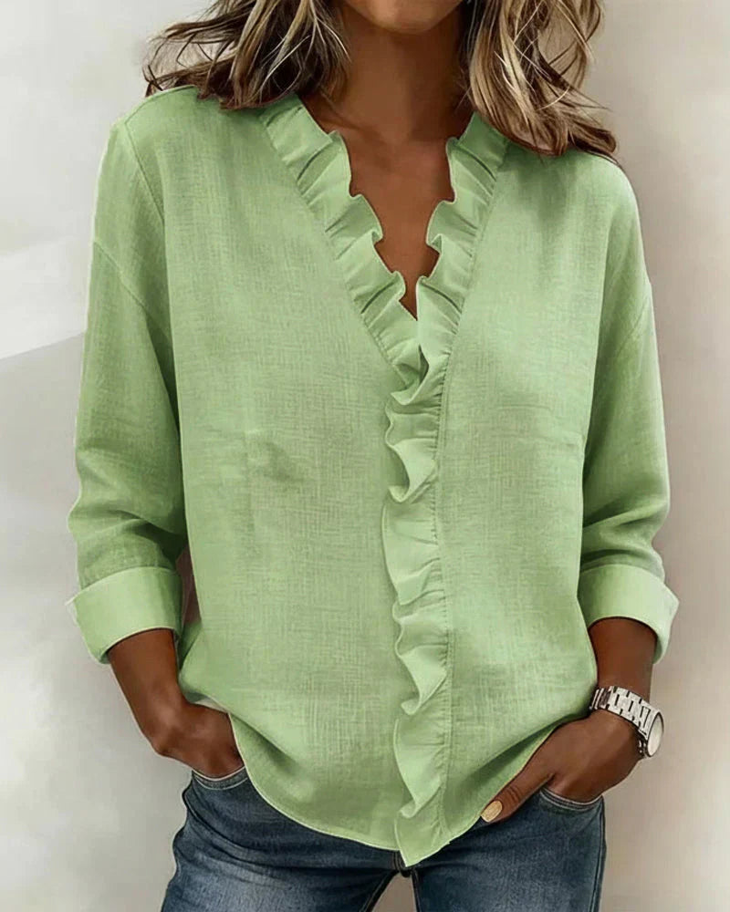 Gioia | V-neck blouse with ruffle detail - Green