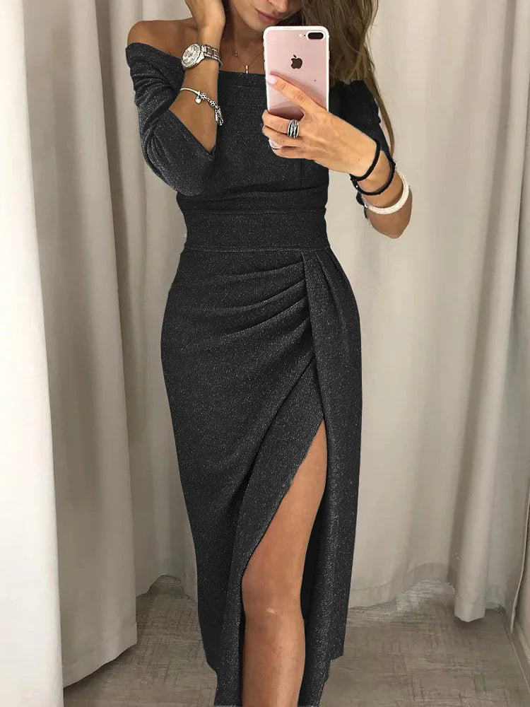 Serayna | Shimmer Maxi Dress with Thigh Slit and Pleated Bodice - Image 6