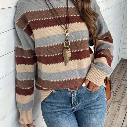 Women's Striped Round-Neck Jumper, Knitted Sweater