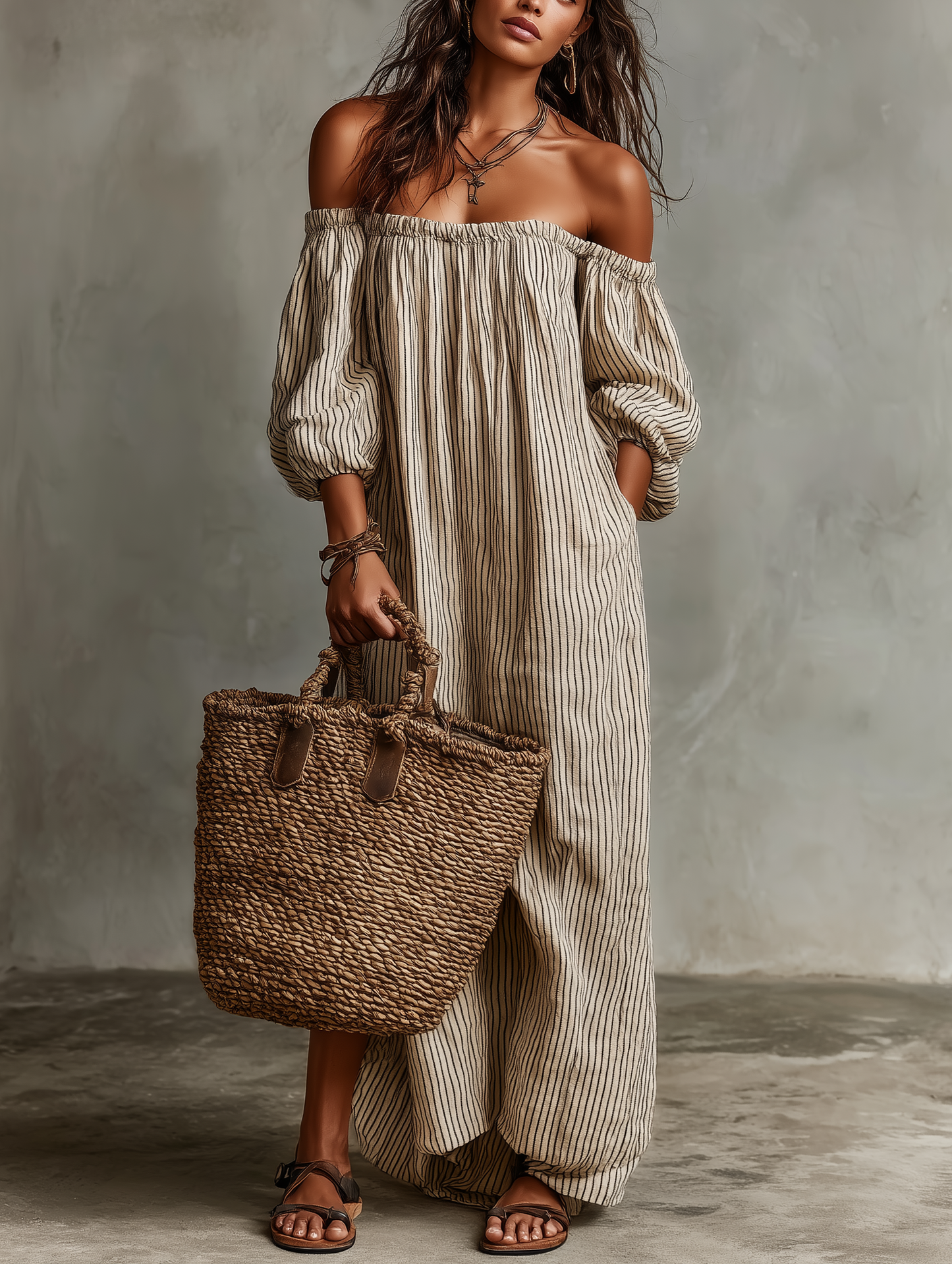 Calienne off-shoulder linen maxi dress - Stripes front