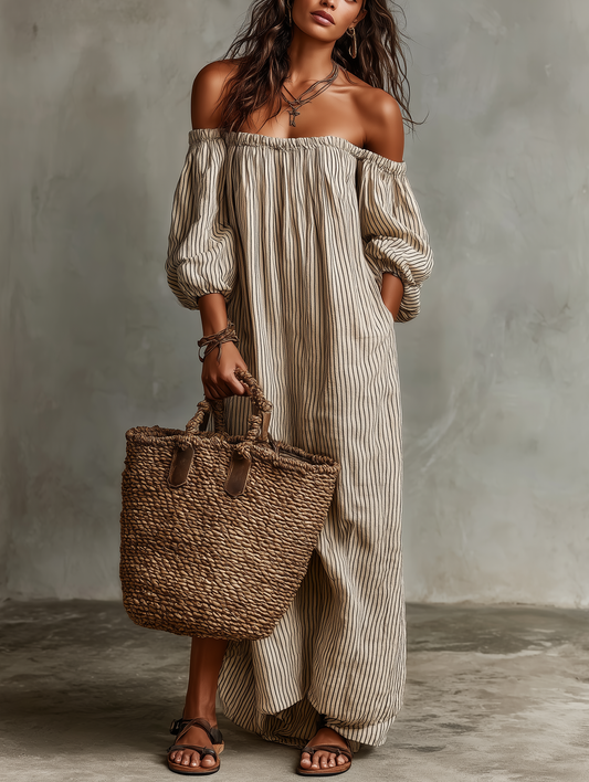 Calienne off-shoulder linen maxi dress - Stripes front