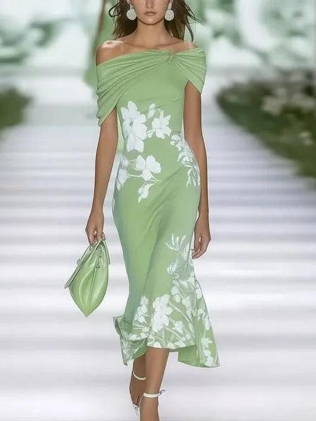 Melvaine green floral print double-layer A-line dress