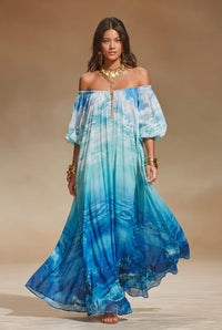 Selvane | Boho off-shoulder ocean print maxi dress