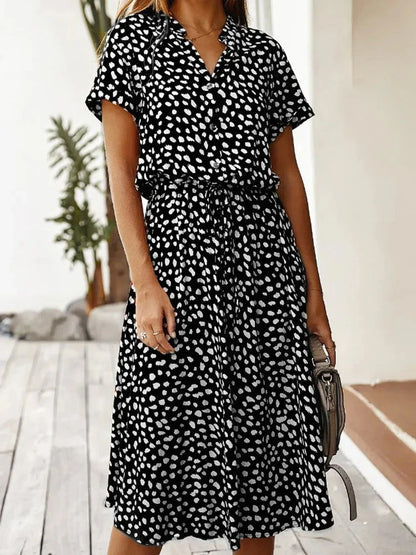 Corvelle | Spotted print shirt midi dress with waist tie