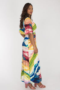 Beleria | Wrap Maxi Dress V-Neck Tie Waist Multicolor Print