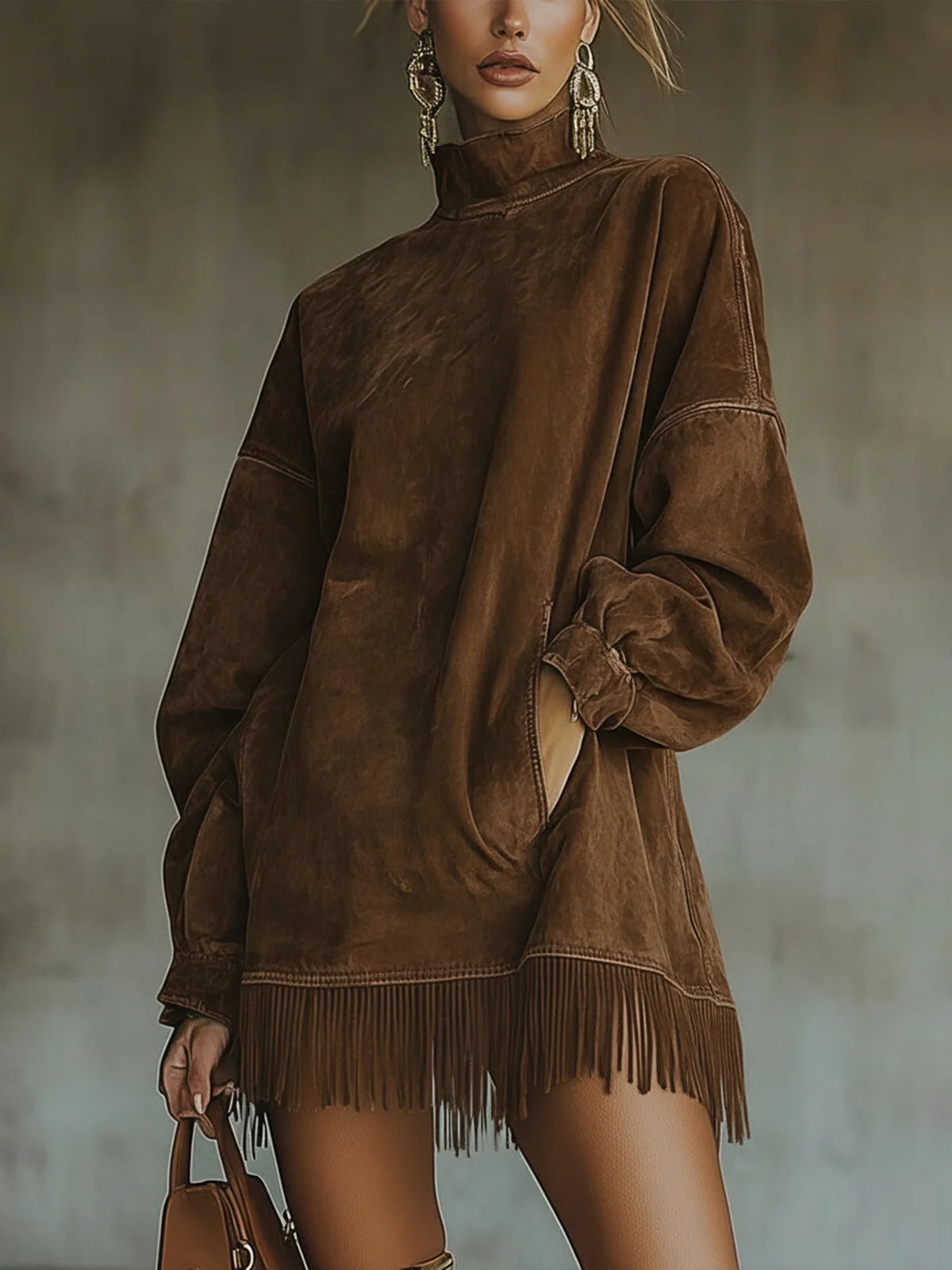 Lorven brown boho faux suede fringe dress
