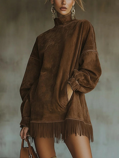 Lorven brown boho faux suede fringe dress