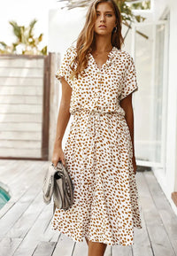 Corvelle | Spotted print shirt midi dress with waist tie
