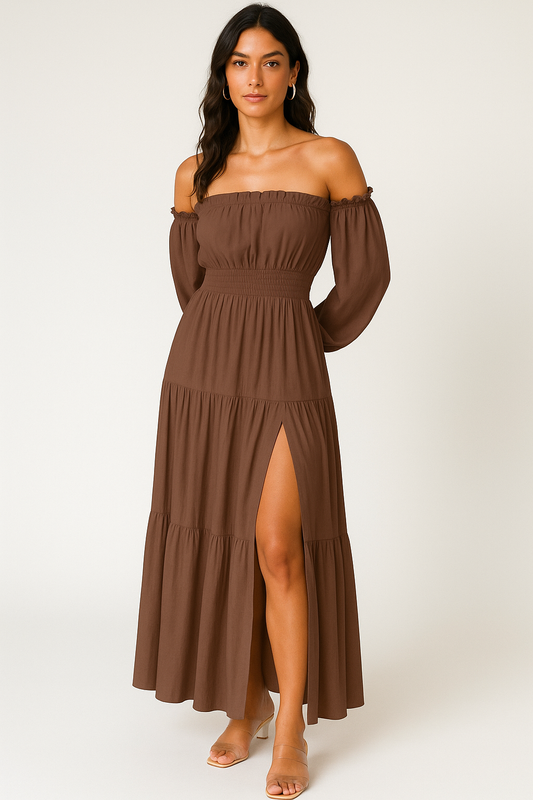 Covella coffee cotton smocked maxi dress - front view
