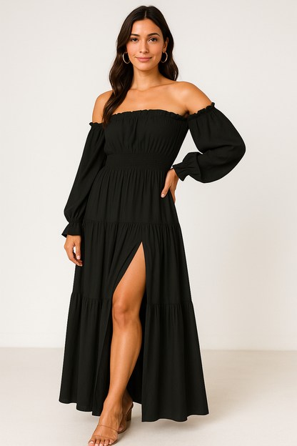 Covella black cotton smocked maxi dress - front view
