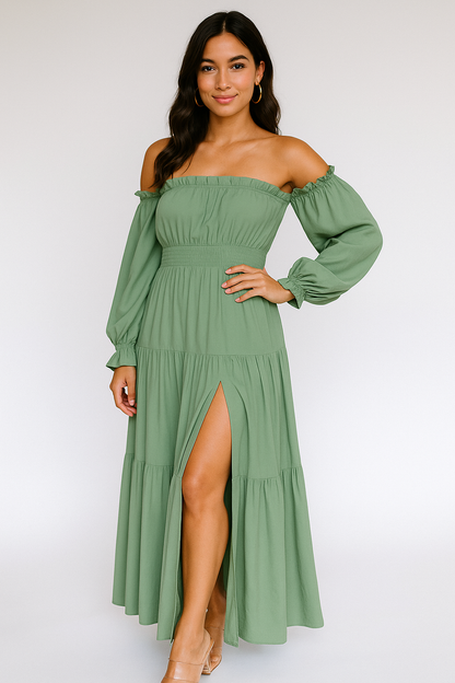 Covella green cotton smocked maxi dress - front view