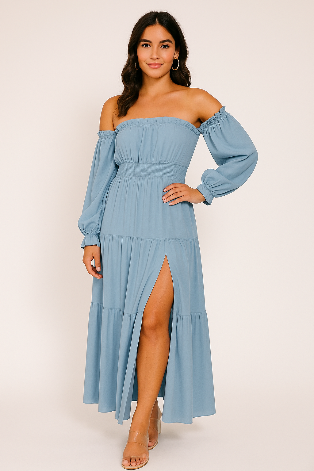 Covella teal cotton smocked maxi dress - front view