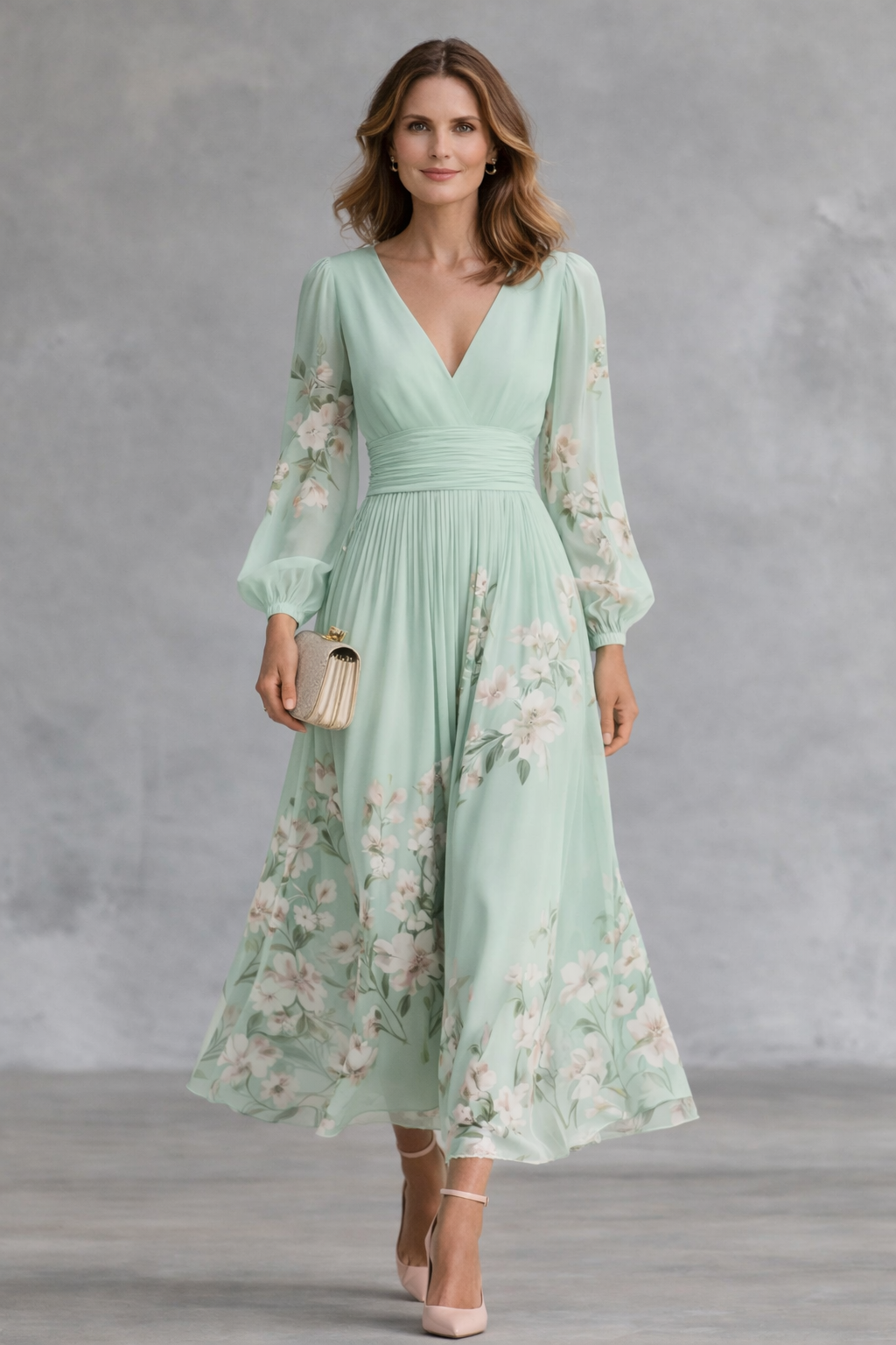 Celvara light green V-neck floral chiffon midi dress - front