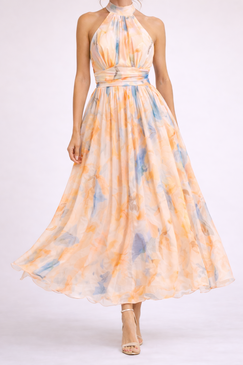 Solenne halter watercolour pastel midi dress