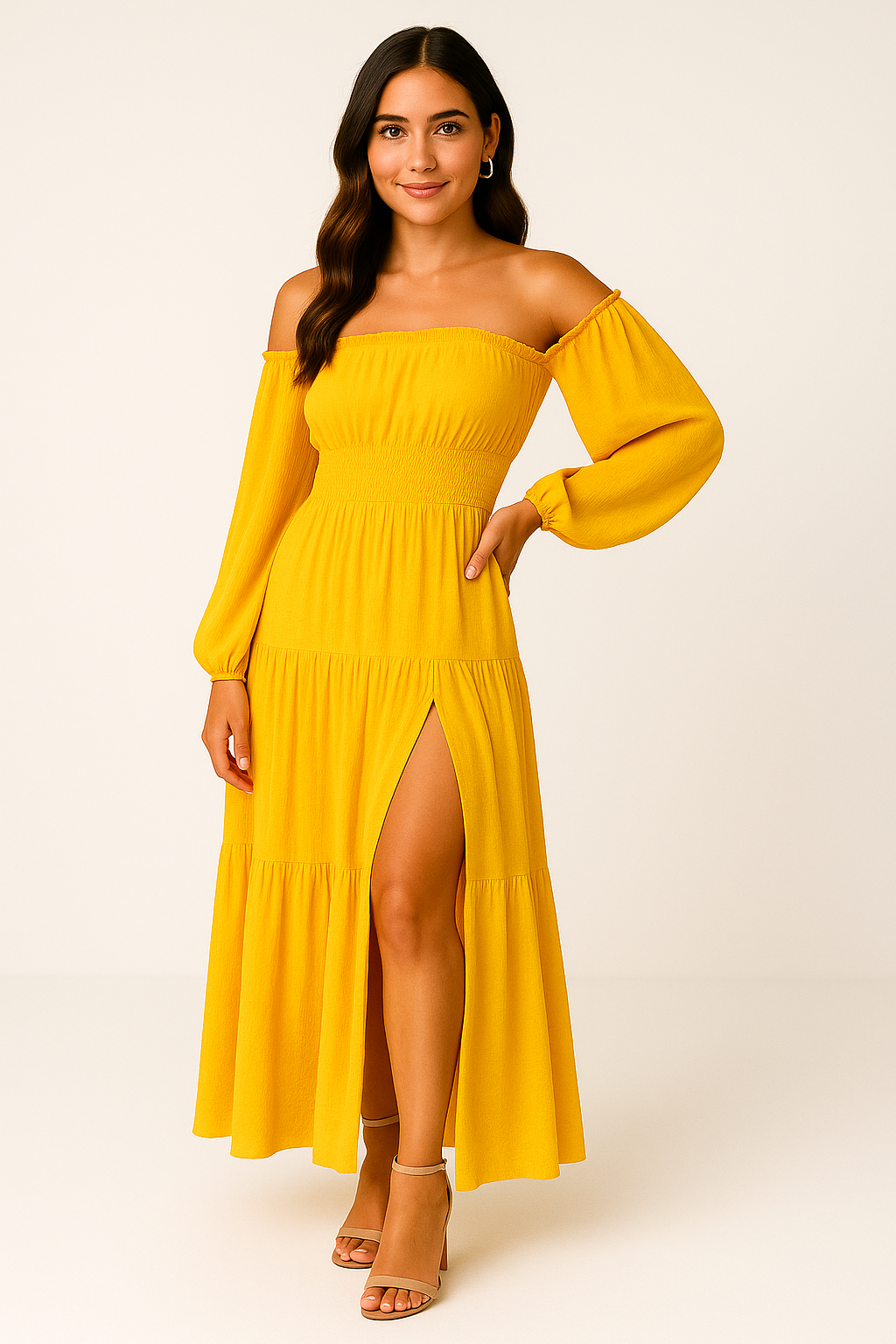 Covella yellow cotton smocked maxi dress - front view