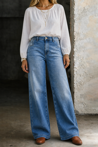 Women's High Waisted Wide Leg Jeans, Classic Blue Denim