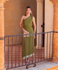 Brevianne | Midi Dress Asymmetric Neck Gathered Waist Gauze