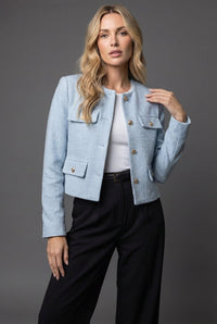 Women's Cropped Tweed Blazer with Gold Buttons and Flap Pockets