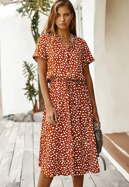 Corvelle | Spotted print shirt midi dress with waist tie