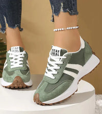 Women's Green Retro Trainers, Lace-Up Striped Sneakers