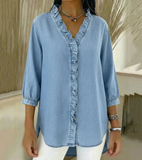Nelvaine | Elegant Blouse Ruffle V-Neck 3/4 Sleeve Relaxed Soft Drape