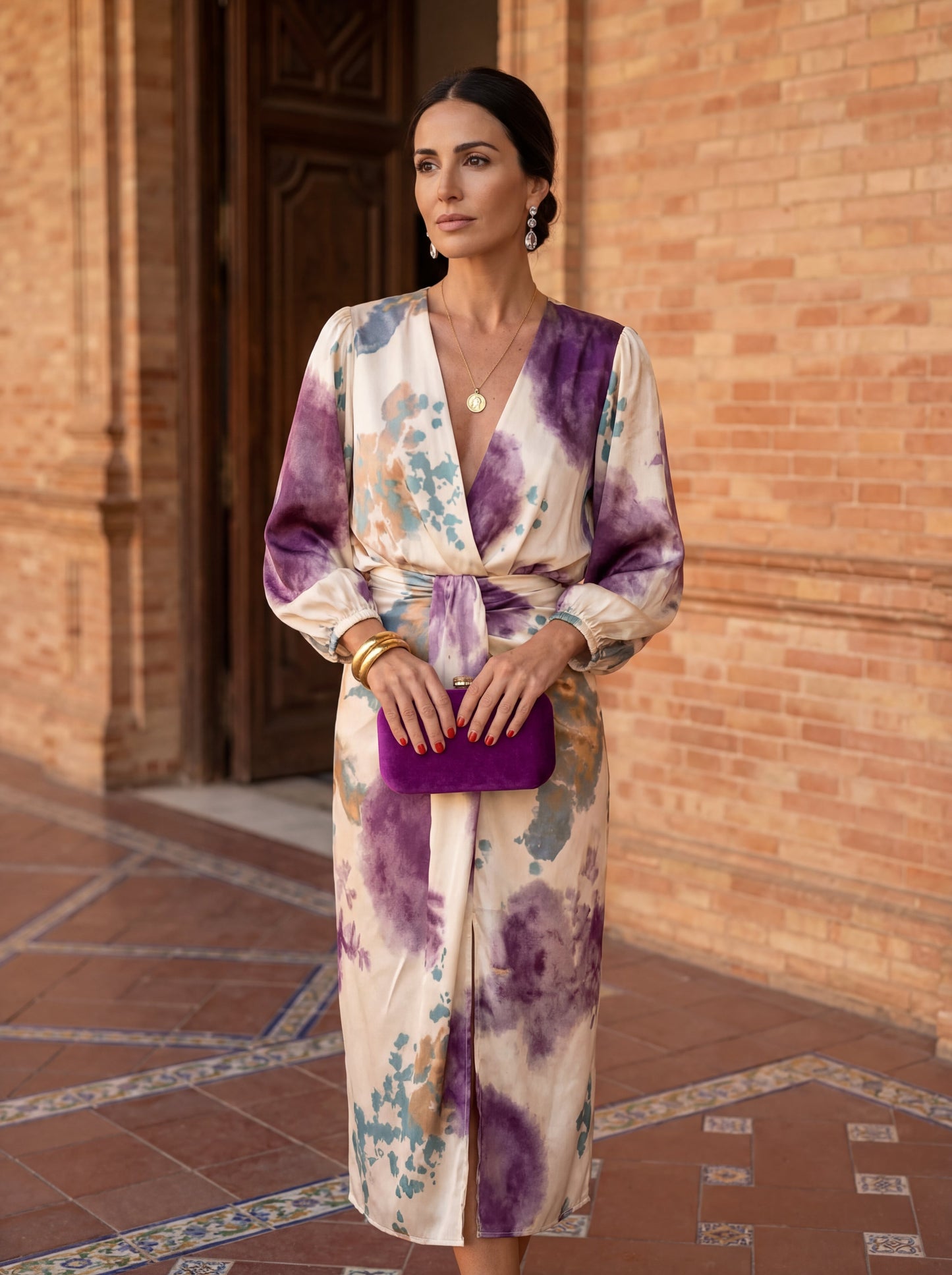 Lorvenne watercolour satin V-neck midi dress