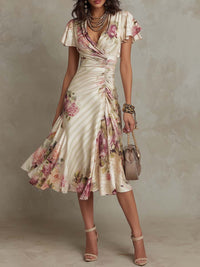 Marilene | Midi Dress Vintage Floral Print Satin Ivory Flowy Drape
