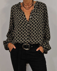 Women's Geometric Print Blouse with Ruffle Collar and Long Sleeves