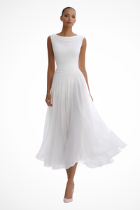 Dravelle | Midi Dress Draped Neckline Pleated Skirt Sleeveless