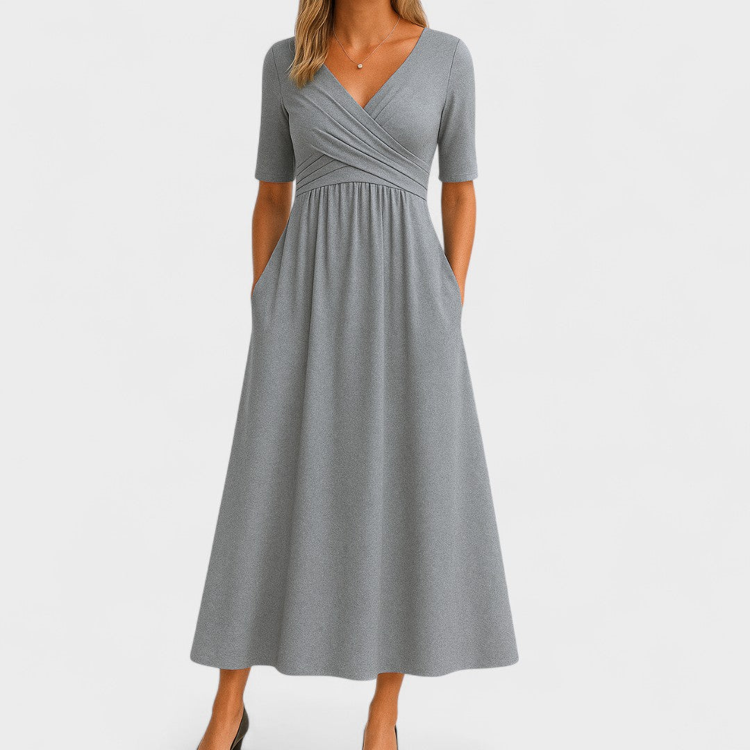 Erivane | Midi Dress V-Neck Short Sleeve Soft Fabric Refined