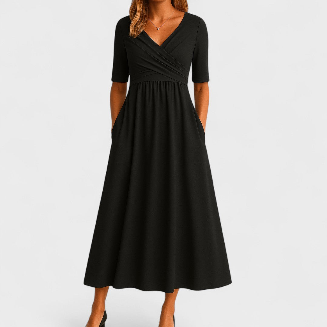 Erivane | Midi Dress V-Neck Short Sleeve Soft Fabric Refined