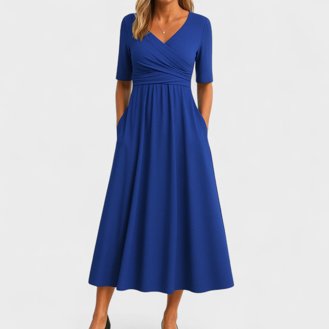Erivane | Midi Dress V-Neck Short Sleeve Soft Fabric Refined