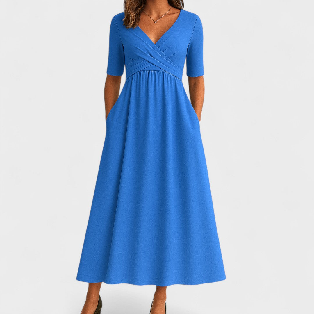 Erivane | Midi Dress V-Neck Short Sleeve Soft Fabric Refined