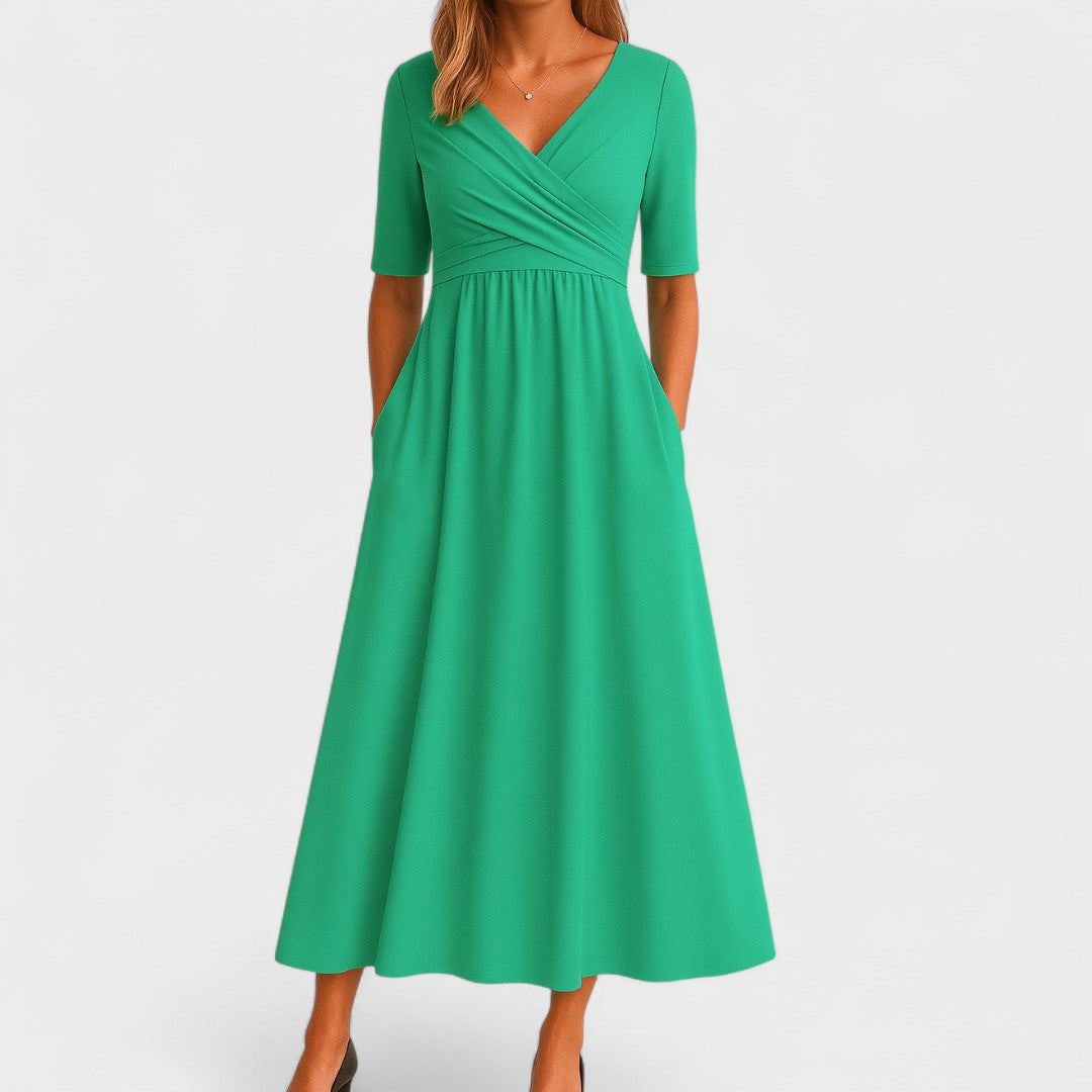 Erivane | Midi Dress V-Neck Short Sleeve Soft Fabric Refined