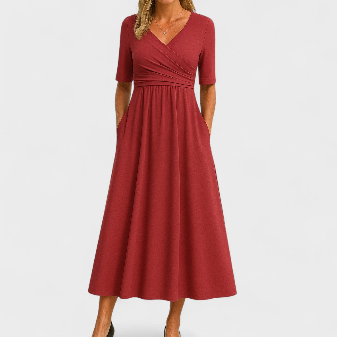 Erivane | Midi Dress V-Neck Short Sleeve Soft Fabric Refined