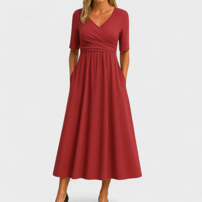Erivane | Midi Dress V-Neck Short Sleeve Soft Fabric Refined