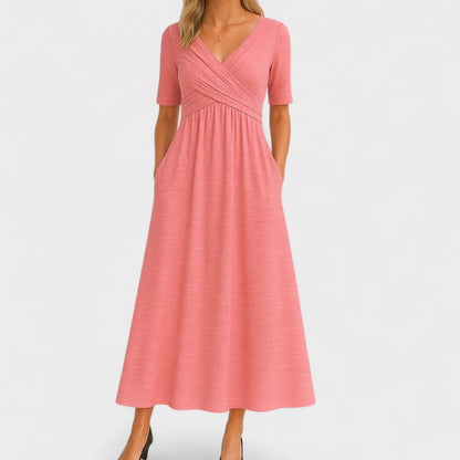 Erivane | Midi Dress V-Neck Short Sleeve Soft Fabric Refined