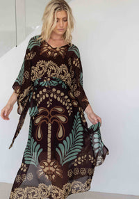 Palmire | Boho resort V-neck maxi dress with kimono sleeves and palm print