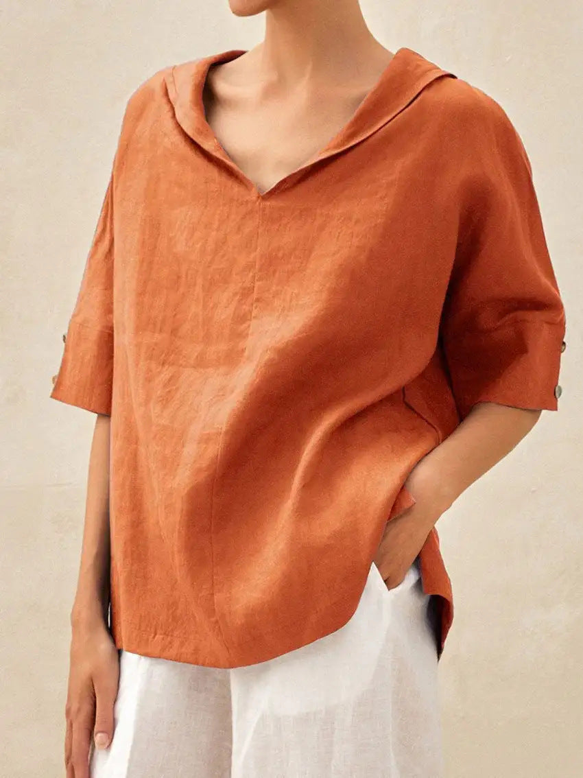 Istralle | Classic Linen V-Neck Blouse with Relaxed Silhouette - Image 5