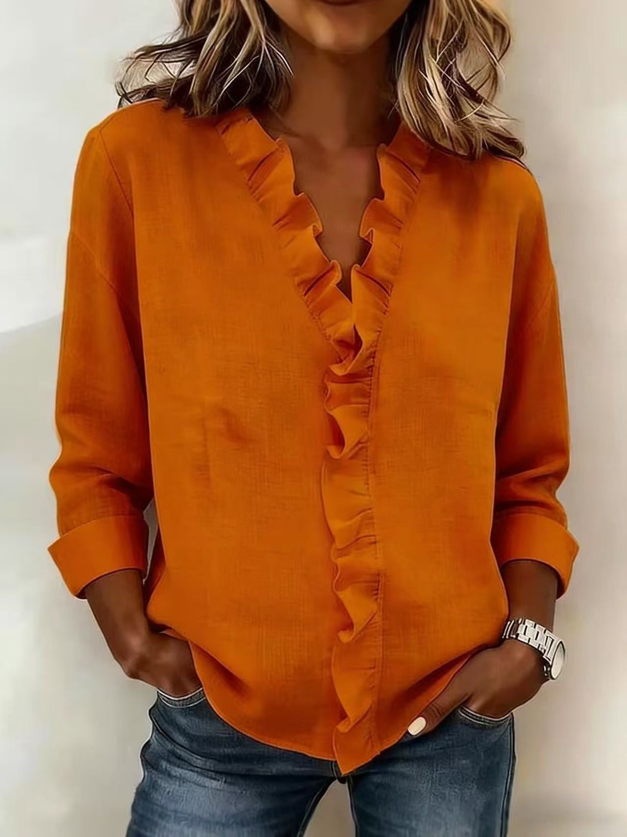 Gioia | V-neck blouse with ruffle detail - Orange