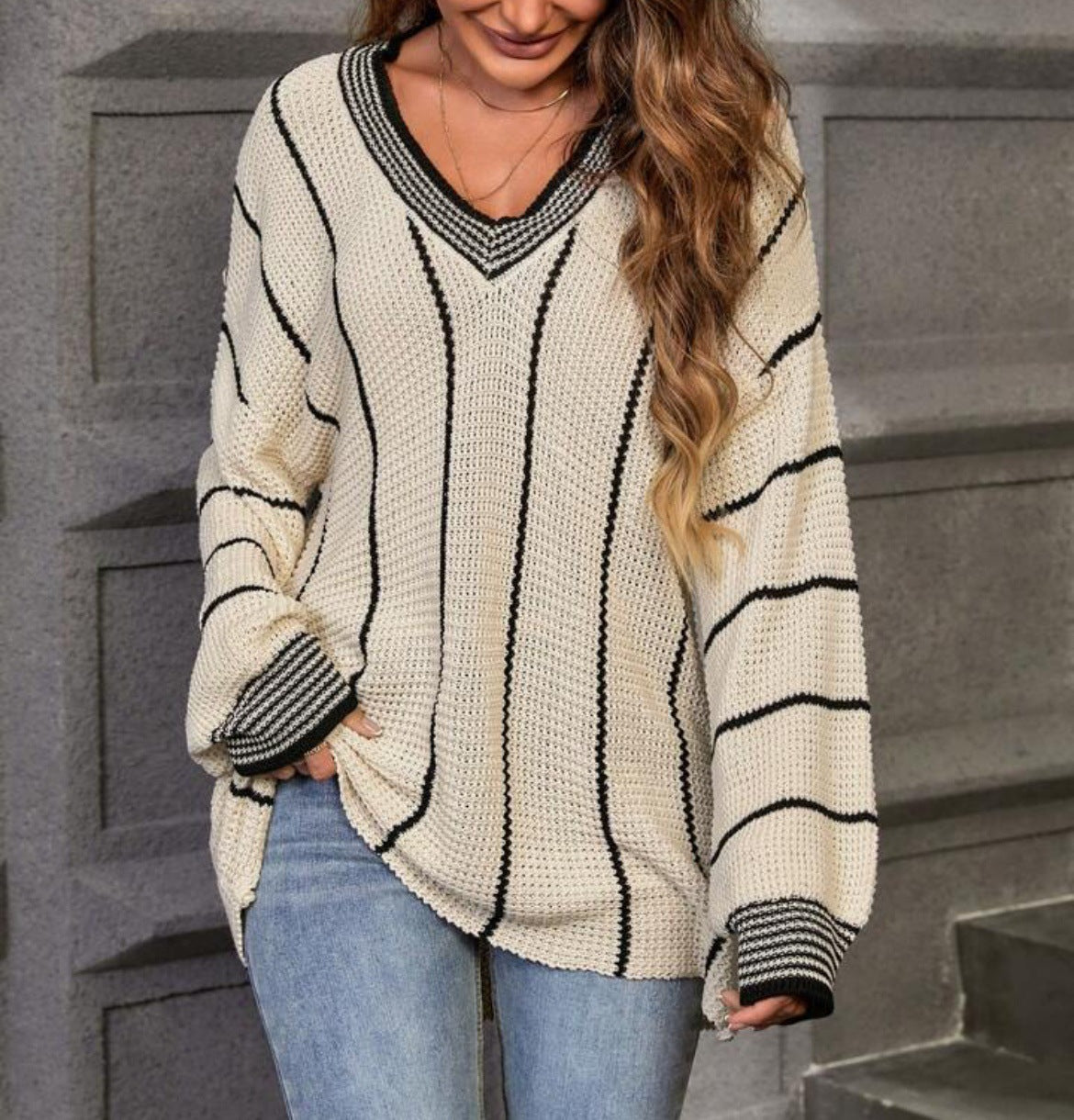 Women's Oversized Striped Jumper, Knitted Sweater - view 2
