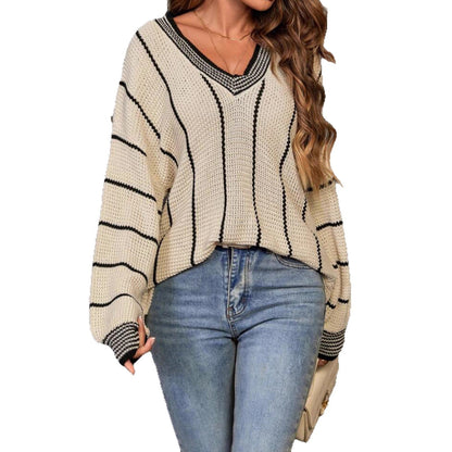 Women's Oversized Striped Jumper, Knitted Sweater - view 10