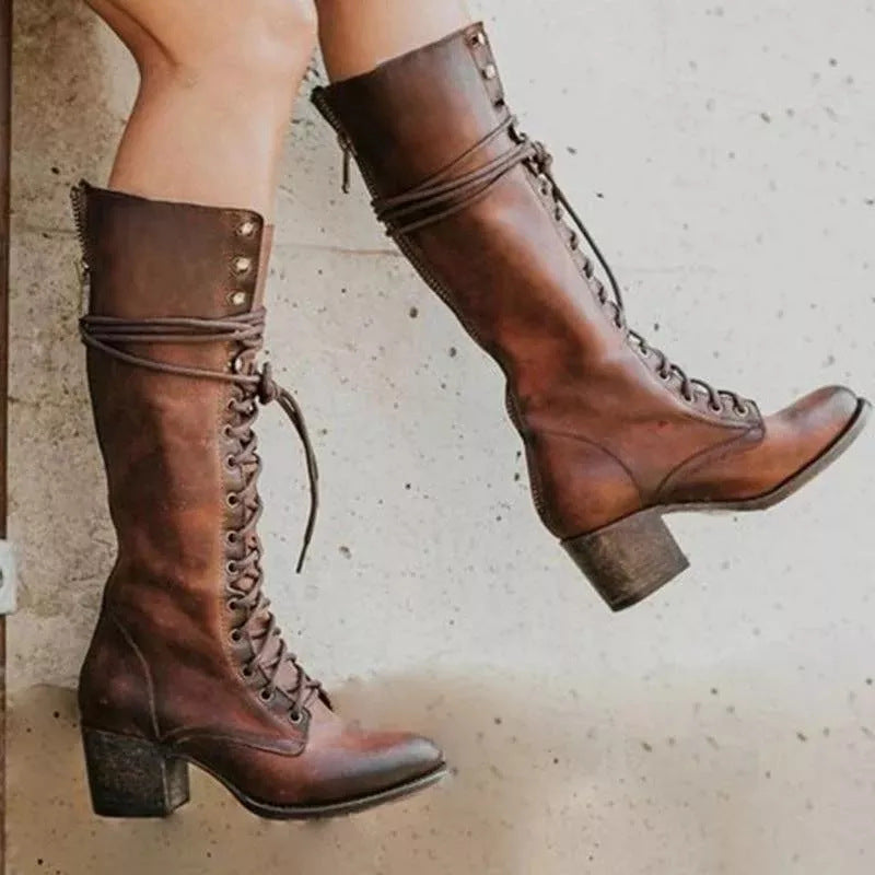 Ravelle | Knee-High Boots Lace-Up Front Block Heel Long Shaft