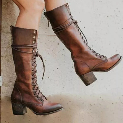 Ravelle | Knee-High Boots Lace-Up Front Block Heel Long Shaft