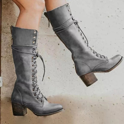 Ravelle | Knee-High Boots Lace-Up Front Block Heel Long Shaft